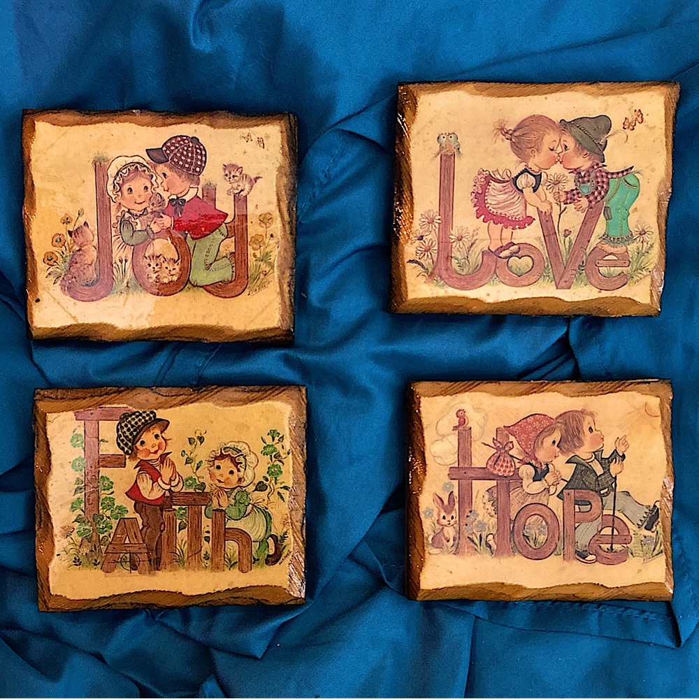 Joy, Faith, Love, Hope Vintage Rustic Wooden Decoupage Wall Plaques